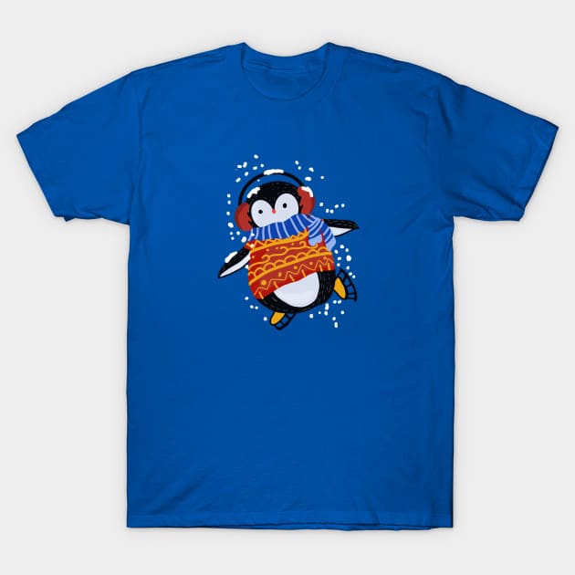 Kawaii little Ice Skating Penguin T-Shirt by Mitalim